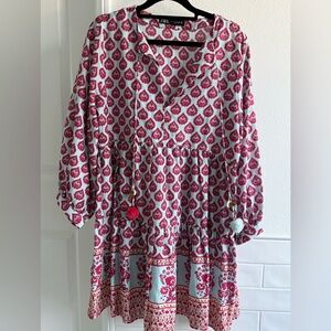 Zara Beachy long Sleeve Hot Pink and Light Blue Patterned Mini Dress size Small